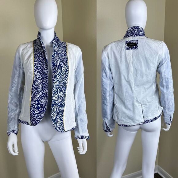 Talbots Womens Size 2 Blue Pasiley Cotton Double Breasted Blazer Jacket Nautical - Picture 4 of 15